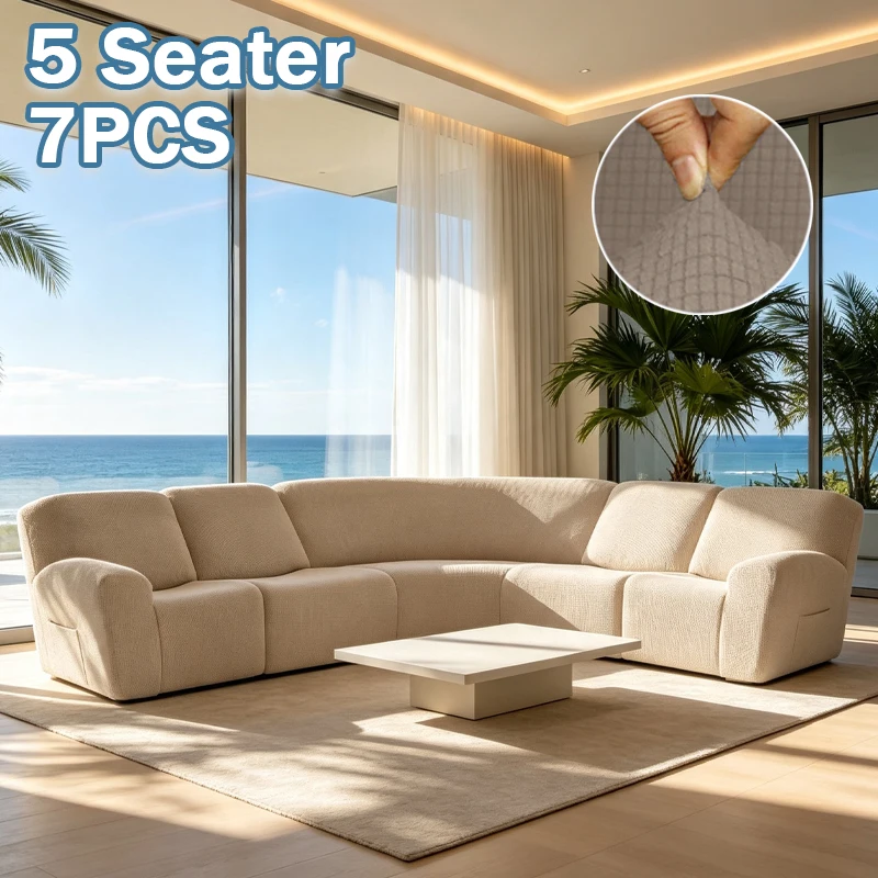 5 Seater Grid Jacquard Recliner Sectional Sofa Cover High Elastic 7pcs Curved L Shape Recliner Sofa Cover with Foam Strips