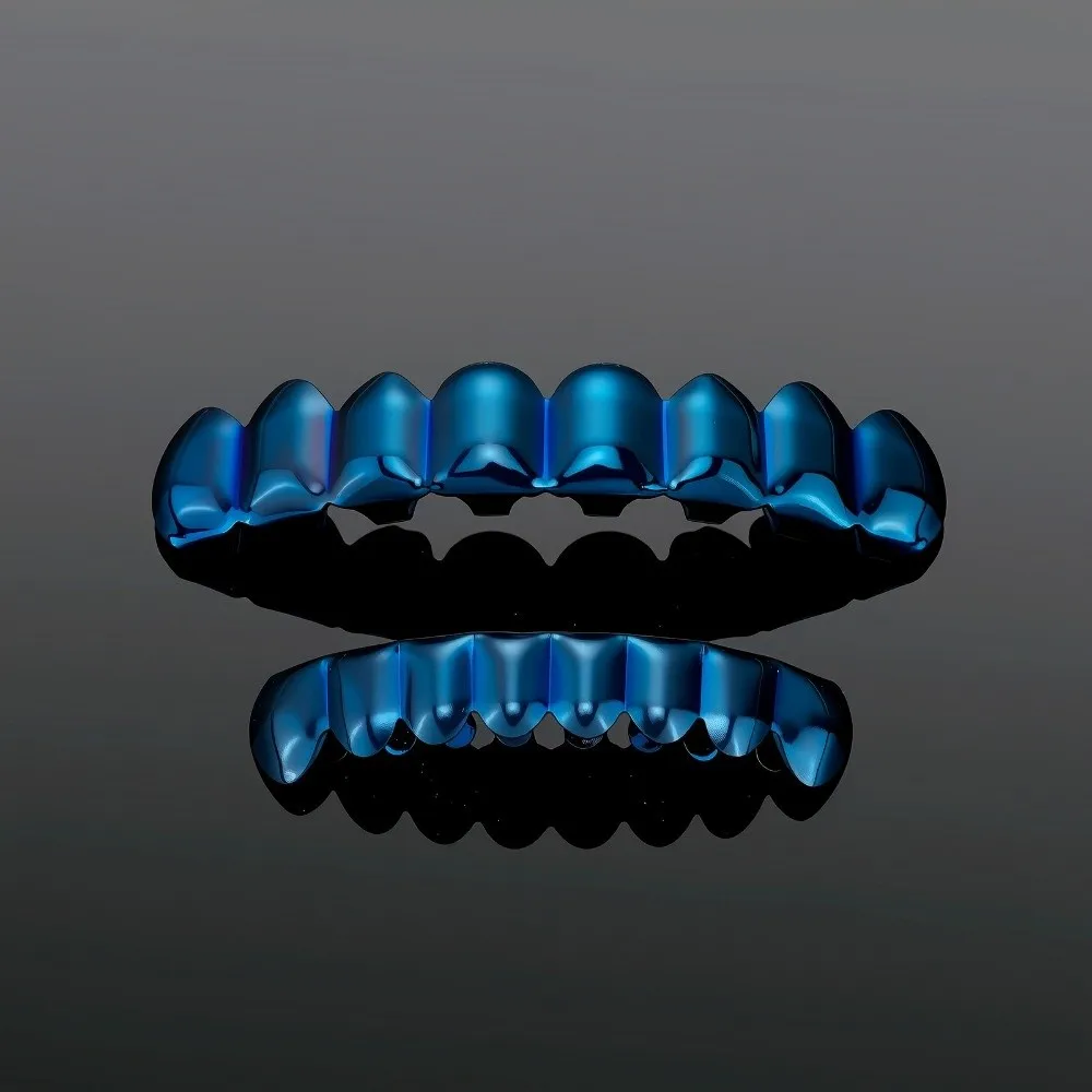Blue Colorful Teeth Grillz Top Bottom Set Glossy Finish Anti Slip Teeth Grillz Caps Hip-Hop Eco-friendly Copper Teeth Jewelry