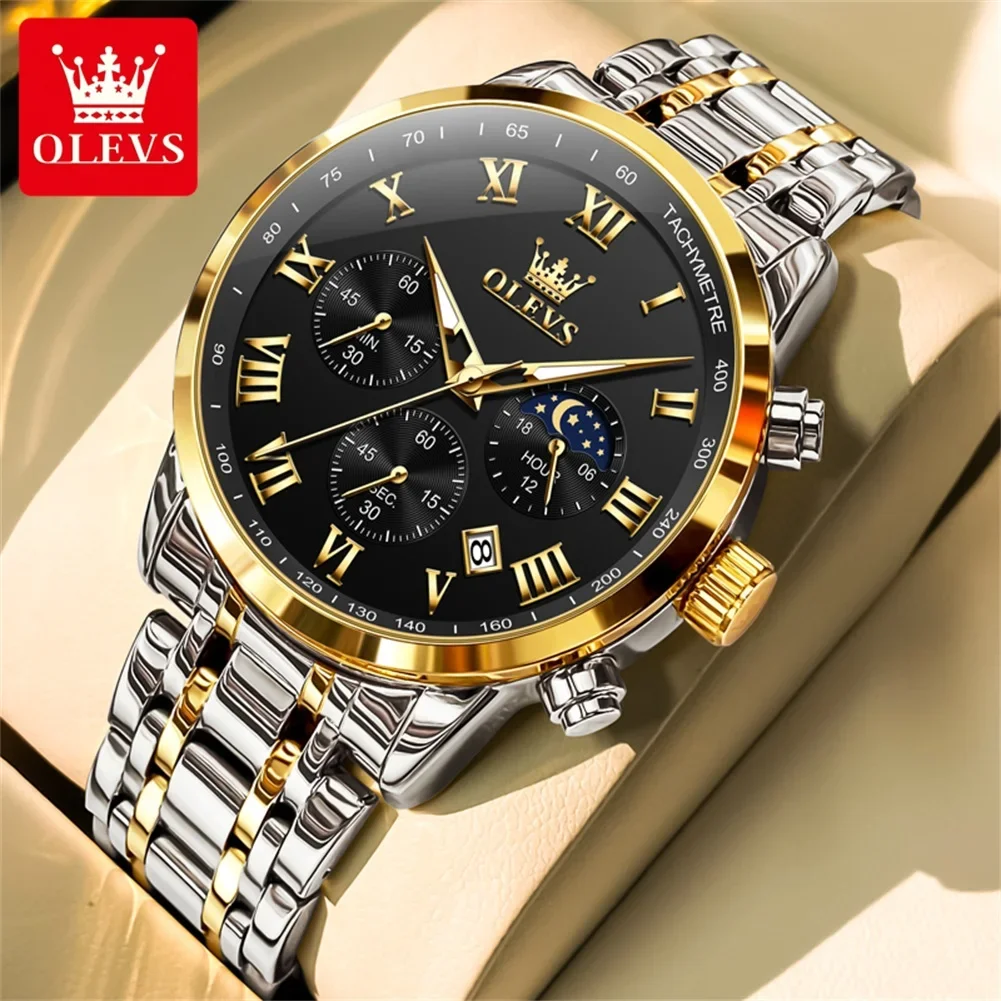 OLEVS 1pc Top Brand Men Quartz Watch Waterproof Luminous Stainless Steel Strap Lunar Phase Timing Code Men Business Wristwatch