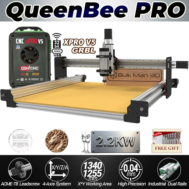 

High-Precision 4-Axis BulkMan3D CNC Router QueenBee PRO with xPROV5 GRBL Controller 2.2KW Spindle 3N.m Motors for Wood Metal MDF