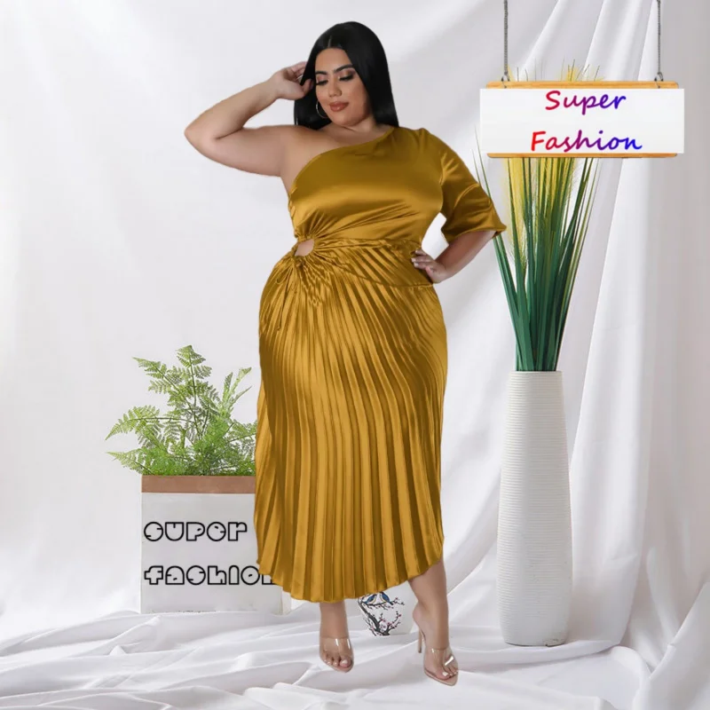 WSFEC XL-5XL Plus Size Dresses for Women Clothing 2023 Spring Summer Fashion Outfits Half Sleeve Irregular Pleated Party Dress