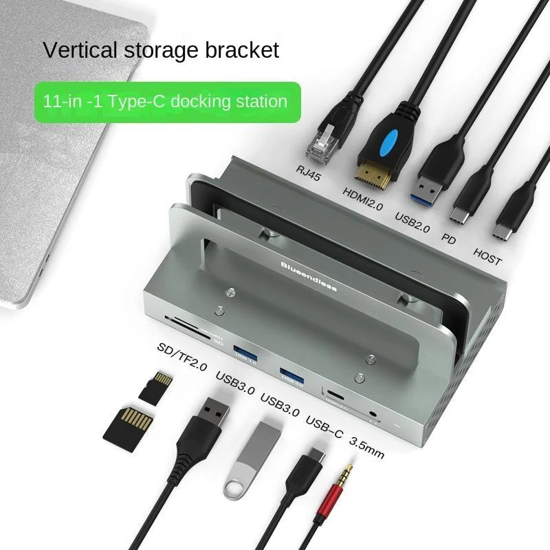 Aluminum Alloy 11 In 1 Notebook Vertical Docking Station 4K 60Hz Hdmi-Compatible Type-C Usb 3.0 Adapter Pd 100W for Macbook Pro