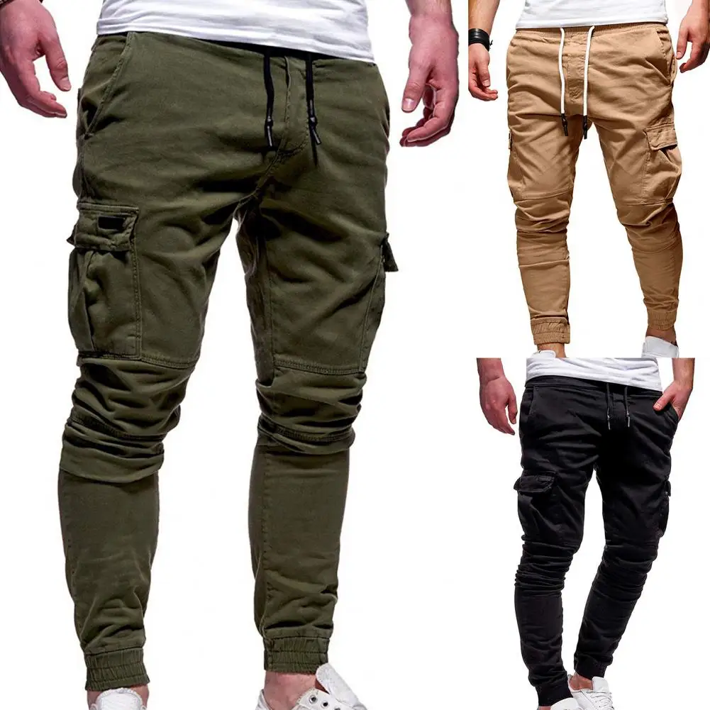 FjPants-Pantalon Slim à Poches Multiples pour Homme, Vêtement de Couleur Unie, à la Mode