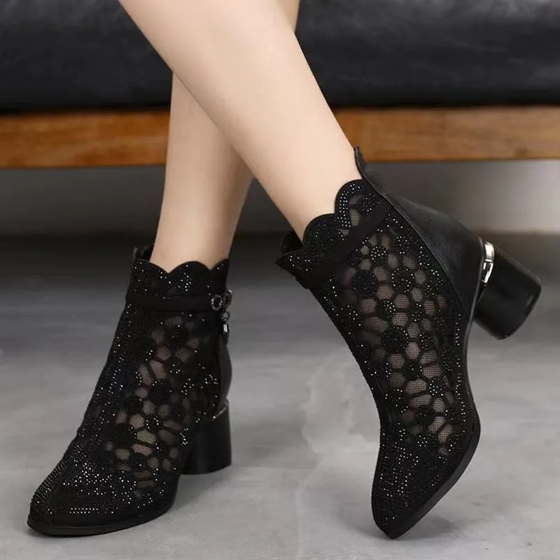 Women Leather Mesh Boots  Rhinestone Summer Shoes Pointed Toe Ankle Botas Thick Heel Hollow Out Back Zip 2023