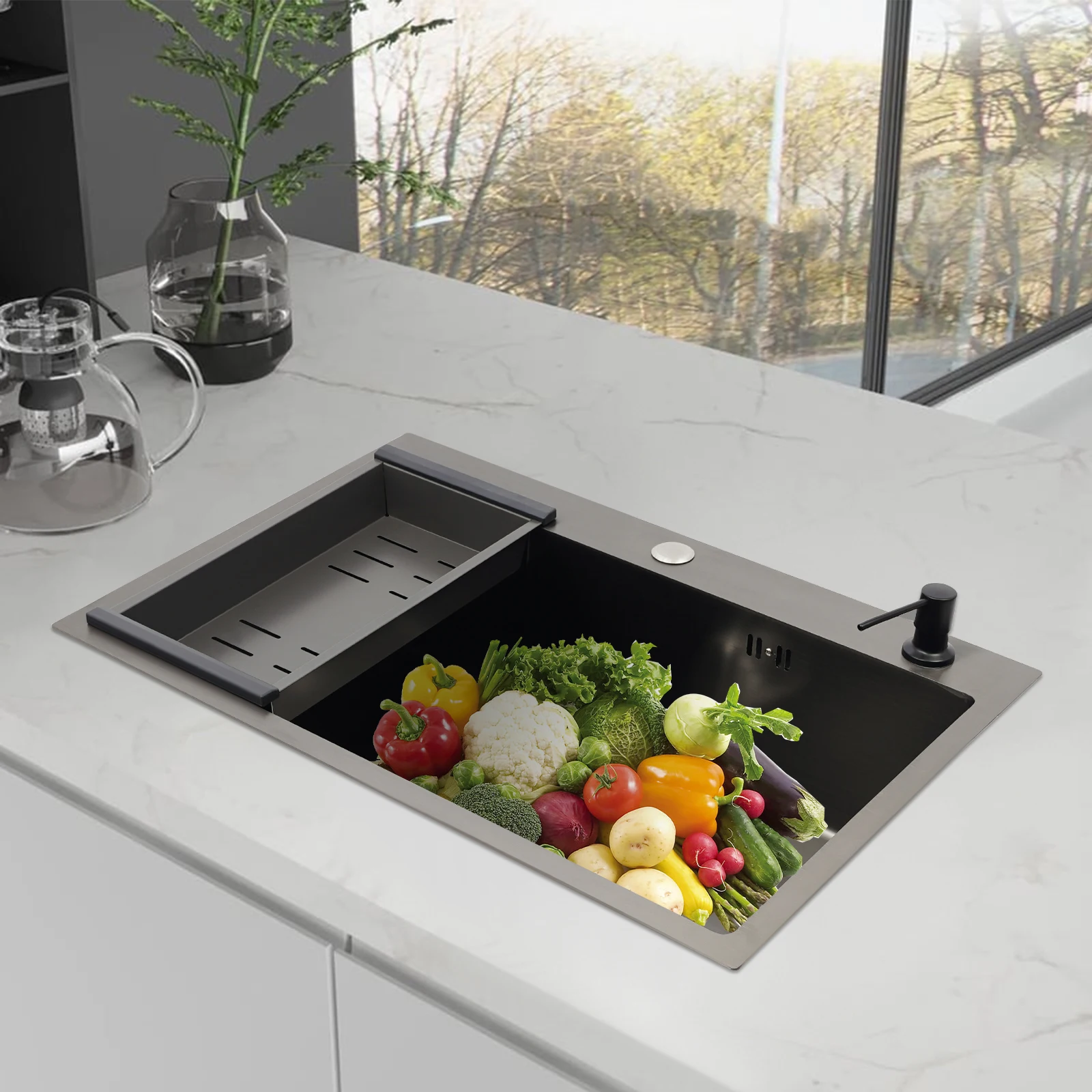 Stainless Steel Kitchen Sink with Draining Basket Soap Dispenser Utility Sink and Drainer with Efficient for Home Kitchen