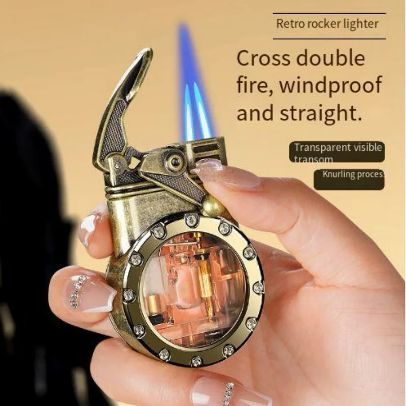 Retro Transparent Visible Inflatable Lighter with Double Straight Blue Flame Lighter Men\'s High-end Gift Available for Wholesale