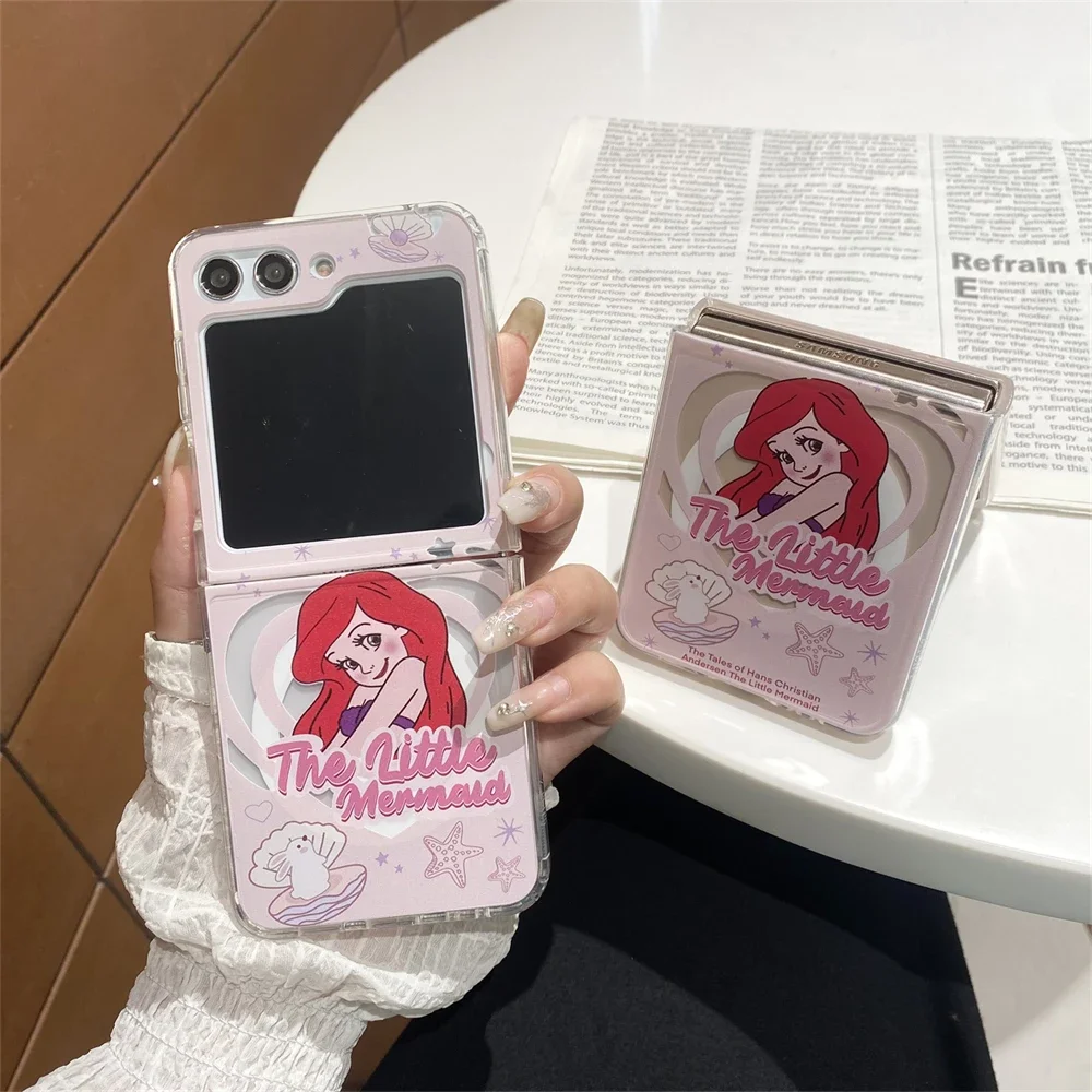 Cartoon Disneies Ariel Princess Magsafe Magnetic Phone Case for Samsung Galaxy Z Flip 3 4 Z Flip 5 6 Z 5G Soft Clear Pink Cover