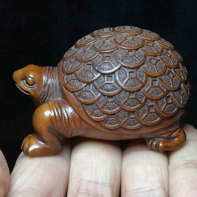 YIZHU CULTUER ART L 6 CM Old Chinese boxwood hand carved Coin Turtle tortoise Statue netsuke decoration Gift collectable