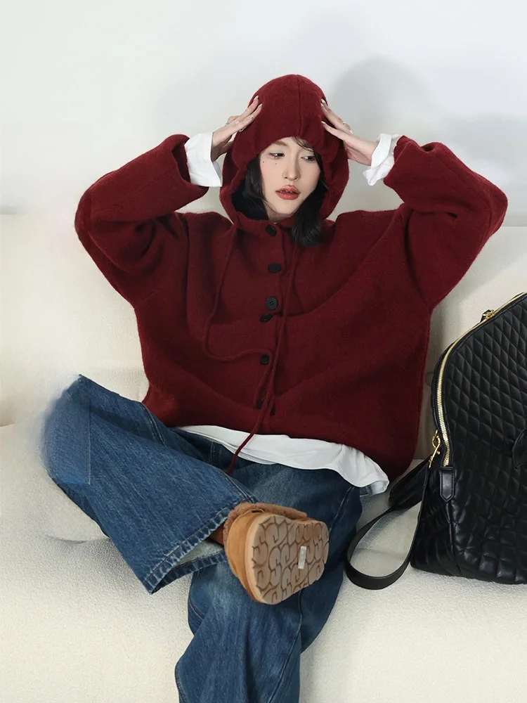 

Wutong Pure Color Hooded Knitted Cardigan Women's Autumn Winter Loose Casual Versatile Knitwear Comfortable Loose Fit Coat