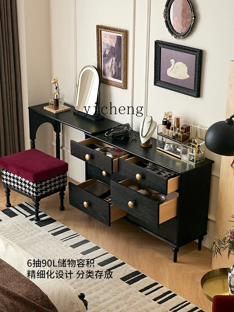 

b2 Solid Wood Dresser Bedroom Living Room Storage Cabinet French Retro Black Chest of Drawers Retractable