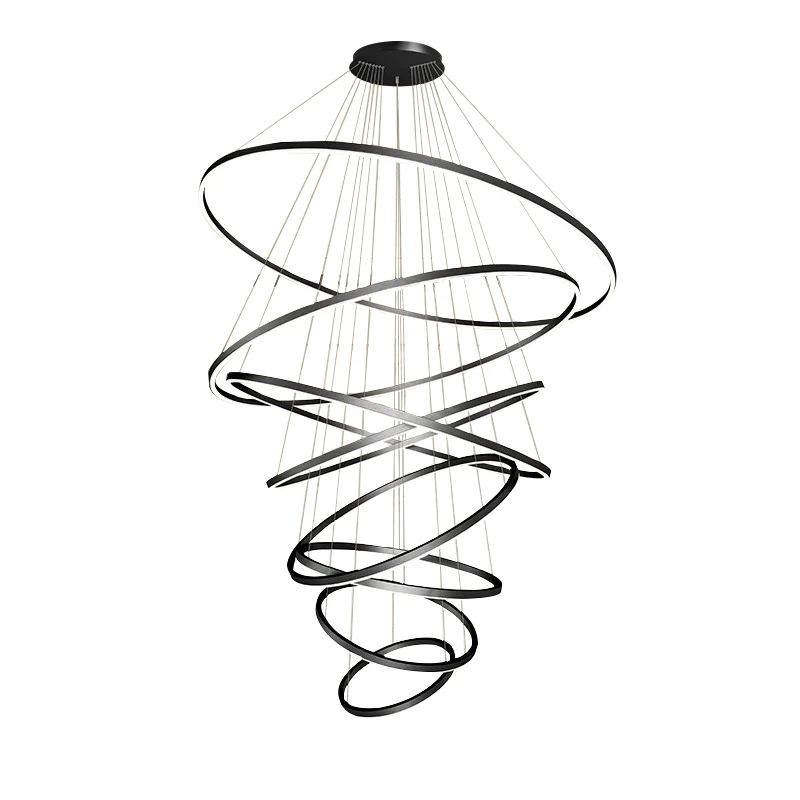 

Minimalist Black/Gold Rings Ceiling Pendant Light Home Decor Villa Duplex Stairwell Large Pendant Lamps Round Led Dimmable