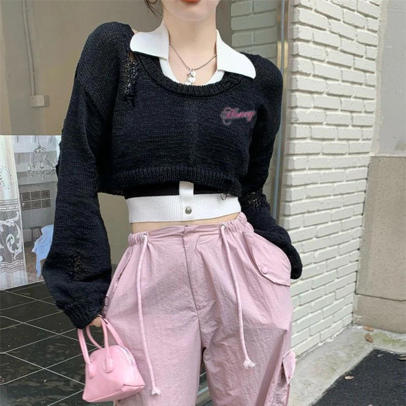 Lucyever Y2K Vintage Cropped Sweater for Women Harajuku Ripped Hollow Out Smock Pullover College Style Sweet Knitwear Jumpers