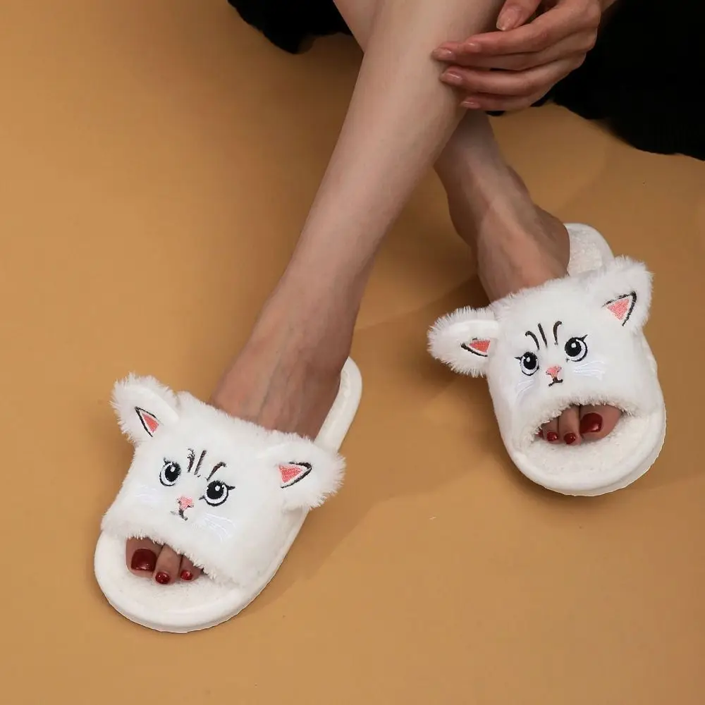 Cat Pattern Print Winter Home Warm Slippers Soft Fabric Non-Slip Couples Slippers Fluffy Texture Comfortable Slippers