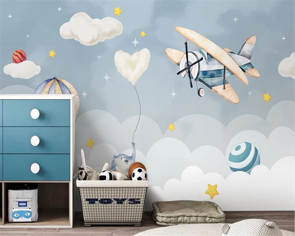 beibehang Customized new modern Nordic hand-painted airplane pink clouds children's room background wallpaper papier peint