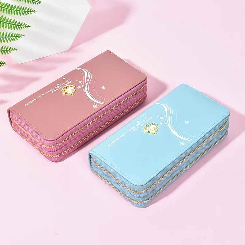 Zipper Wallet For Women Long Large Capacity Clutch Student Double Layer Wallet Korean Style Pearl Coin And Phone Bag