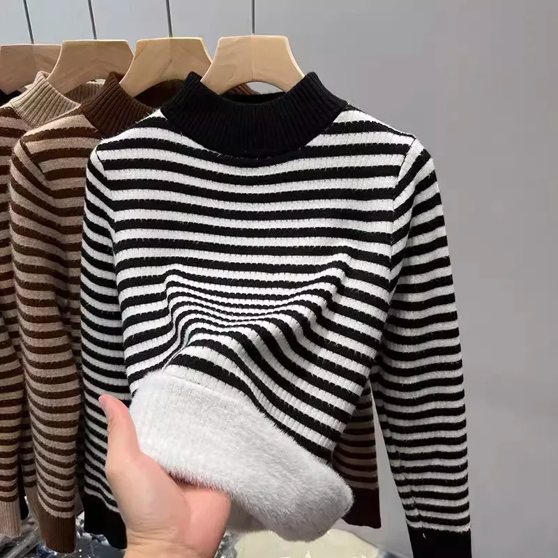 Striped Pullover Sweater Women New Autumn Winter Thick Velvet High Collar Basic Shirt 2024 Female Elegant Long Sleeved Top