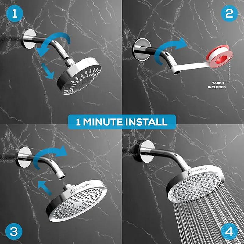 New 6 Inches ABS High Pressure Rain Shower Head with Arm Angle Adjustable Showerhead Anti-Clogging Nozzles Rotatable Type