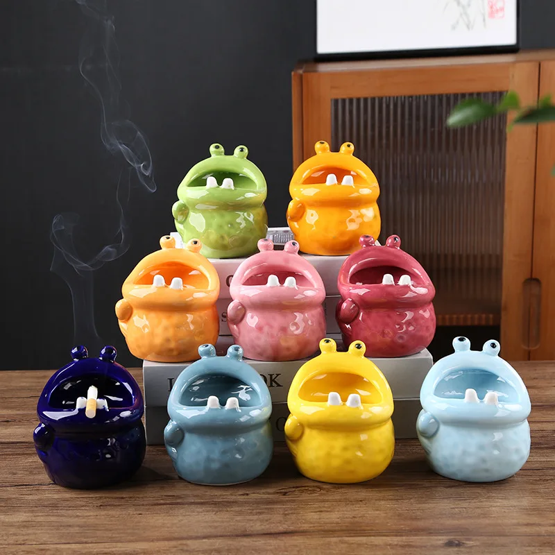 Creative Abstract Alien Big-mouthed Frog Ceramic Ashtray Fun Animal Desktop Ashtray Modern Cartoon Big-mouthed Frog Ashtray Gift