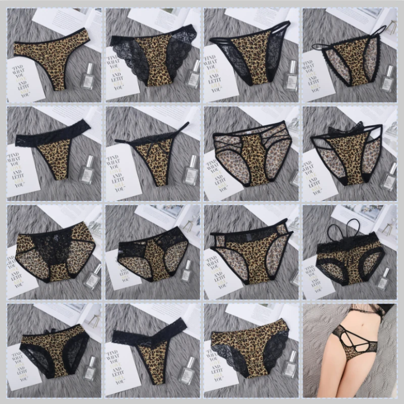 

Leopard Print Combination Ice Silk Sexy Lace Women's Panties Low Waist One Piece Panties Female Lingerie Triangle Cotton Crotch