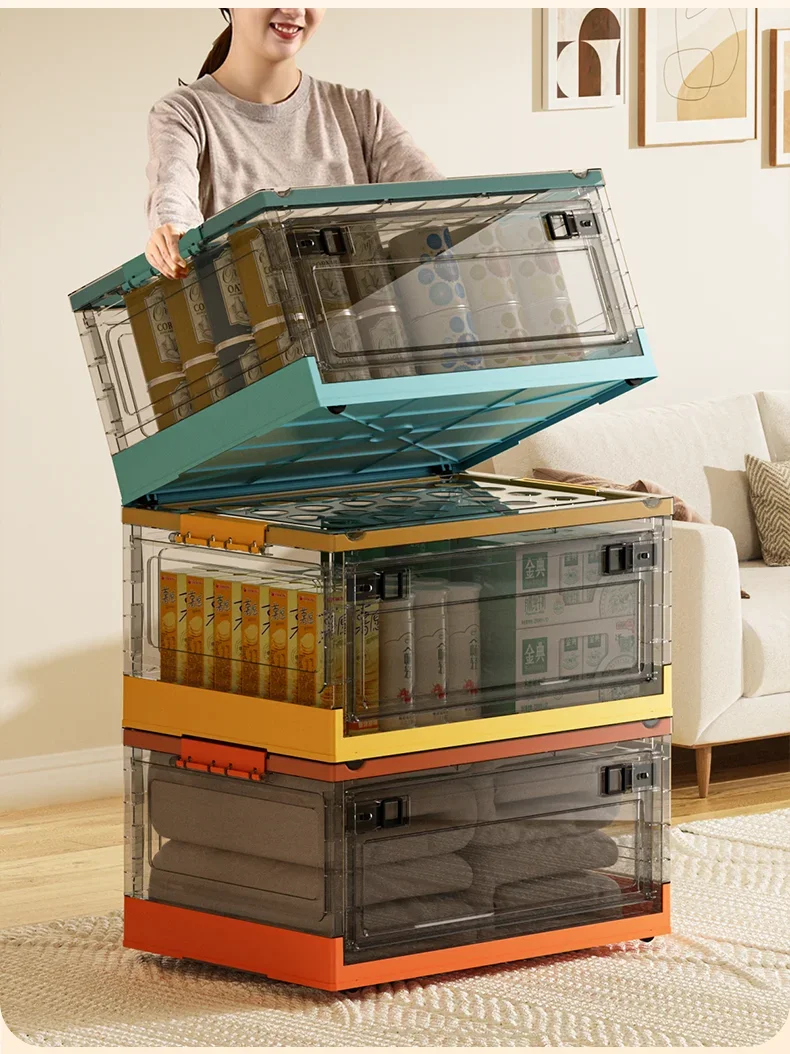 صندوق تخزين قابل للطي 27/40/56/88/150L منظم بلاستيكي شفاف مع غطاء خزانة متعددة الوظائف مع بكرة تخزين الملابس