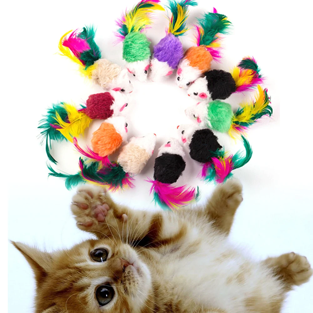 10 Pcs False Mouse Cat Toys for Colorful Feather Plush Cat Mouse Toys Mice Rattle Set Funny Playing Toys for Indoor Cats