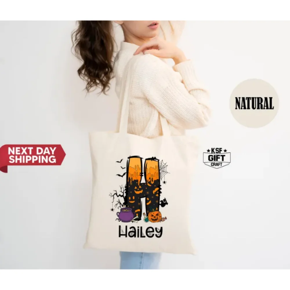 حقيبة حمل مخصصة للهالوين، حقيبة حمل بحروف الهالوين، حقيبة حمل للهالوين للأطفال، حقيبة حمل تحمل اسم مخصص، حقيبة حمل شبح