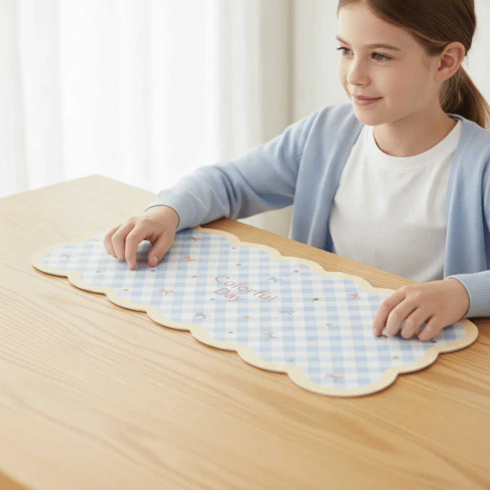 Table Cushion Gingham Desk Mat Wavy Edge Cute Mouse Pad Stitched Washable Keyboard Mat Girls