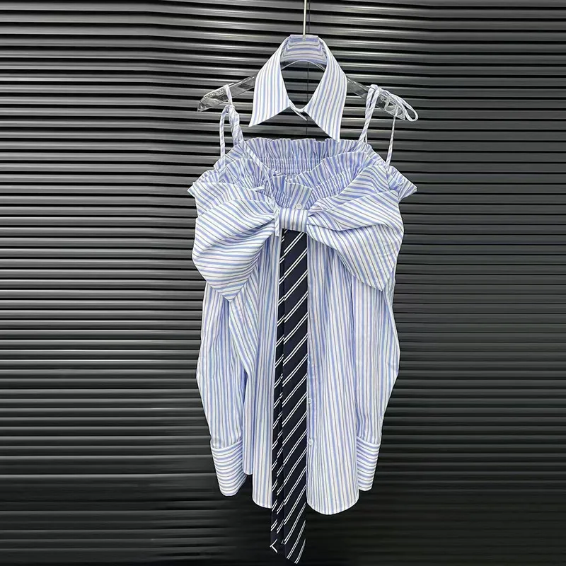 WTHT Trendy Women's Detachable Bow Tiestriped Sling Shirts 2025 Summer Off-shoulder Long Sleeves Blouse Female 1LS2347