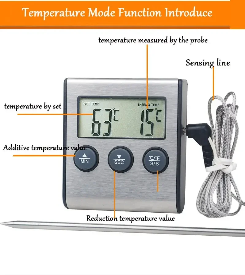 

Professional Digital Kitchen Thermomete Cooking Meat Food Thermometers with Alam,Timer 304 Stainless Steel Probe for BBQ,Liquids