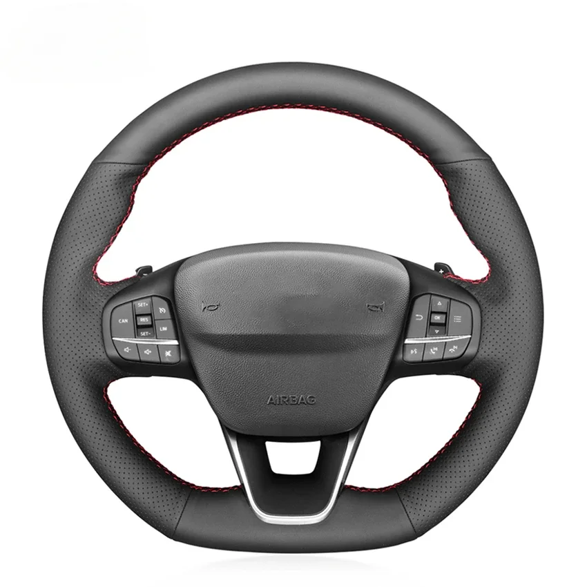 Black Faux Leather Car Steering Wheel Cover for Ford Focus Fiesta Kuga Puma Escape (ST | ST-Line) 2017-2024