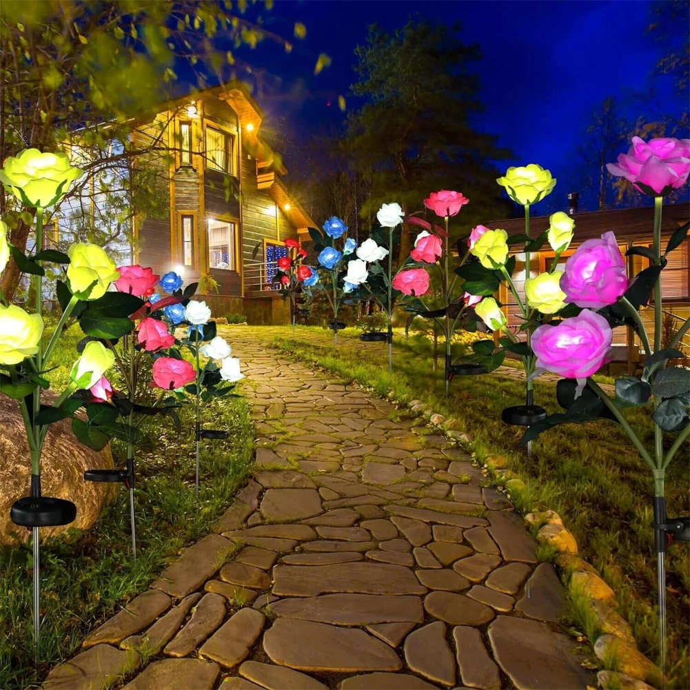 Outdoor 5 Heads Solar Rose Lamp Simulation Rose Flower Waterproof Decorative Lamp For Garden Yard Patio Lawn