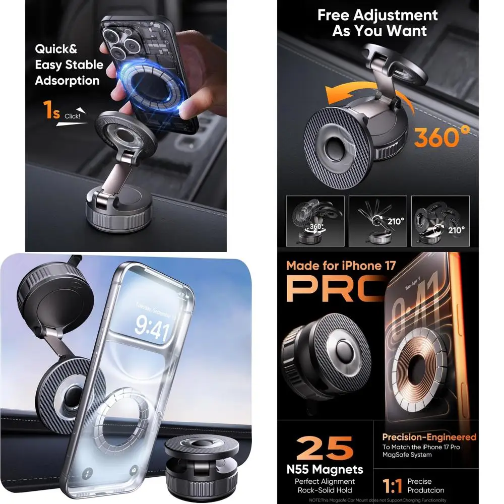 

Ultra-Strong 120 LB Vacuum & 3000g Magnetic Car Phone Mount, 360° Rotatable Holder for iPhone 17 Pro Max, 16, 15, 14, 13, 12 Plu