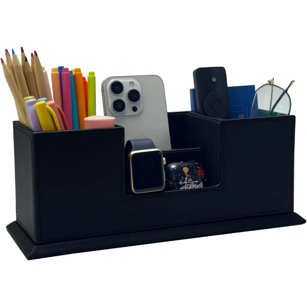 デスクオーガナイザー、デスクトップキャディレザーマルチコンパートメントペンホルダーオフィス文具オーガナイザー、ブラック
