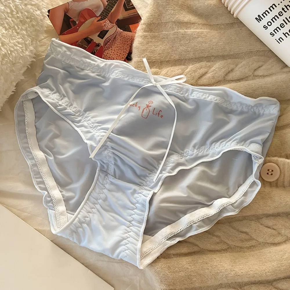 Letter Print Ice Silk Panties Ribbon Bow Female Underwear Ruffle Satin Briefs Cotton Crotch Simple Women's Underpants Women