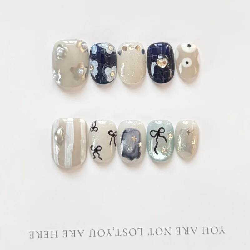 

10pcs Handmade Nails Featur Niche Floral Designs with Gradient Lines and Cat-eye Effects Press-on Nails Perfect As Gift for Girl