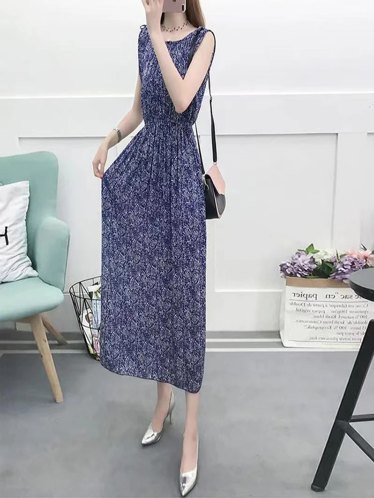 여름 플로럴 프린트 코튼 실크 루즈 롱 베스트 여성용 드레스 한국 스타일 하이 웨이스트 V넥 비치 가운