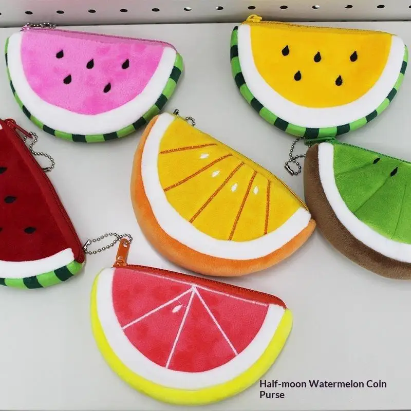 Cute Fruit Slice Plush Coin Purse Watermelon Orange Lemon Mini Zipper Wallet Keychain Bag Pendant Earphone Storage Bag Kids Gift