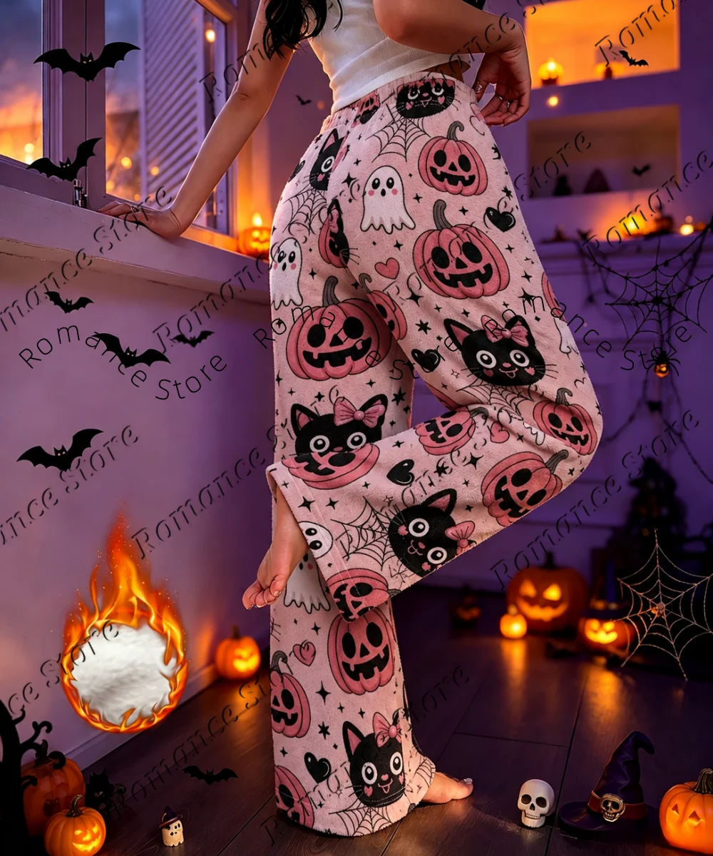 Gothic Spooky Halloween Women Plush Flannel Pants Pumpkin Eyeball Skull Haunted House Graphic Warm Autumn Winter Loungewear Pant