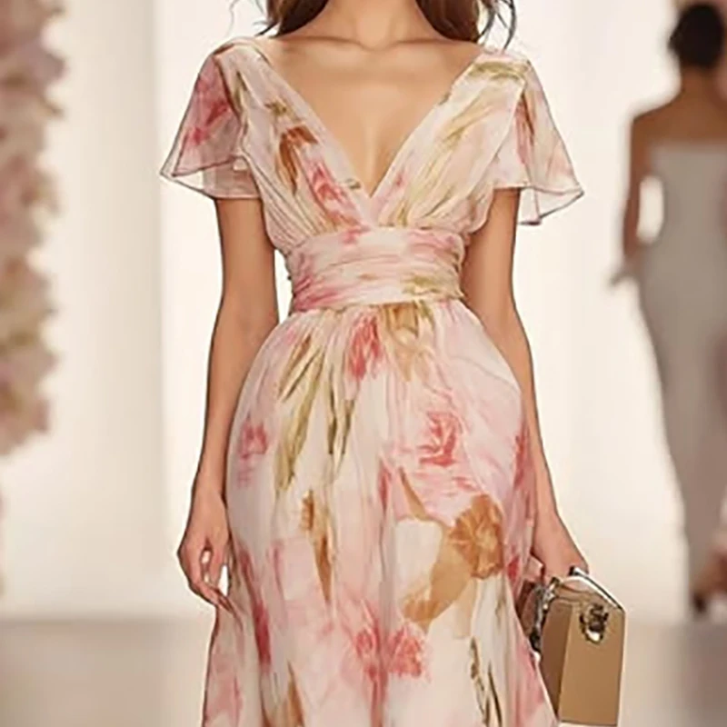 Robes for Woman Floral Print Holiday Dress Spring Sexy V Neck High Waist Long Dress Summer Short Sleeve Boho Maxi Dress Vestidos