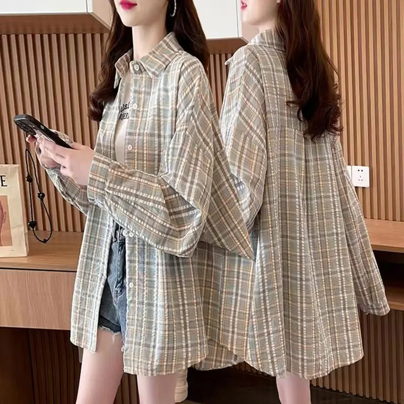 Long Sleeve Turn-down Collar Spring Autumn Contrast Color Women\'s Checkered Button Up Cardigan Shirt Coats Casual Commute Tops