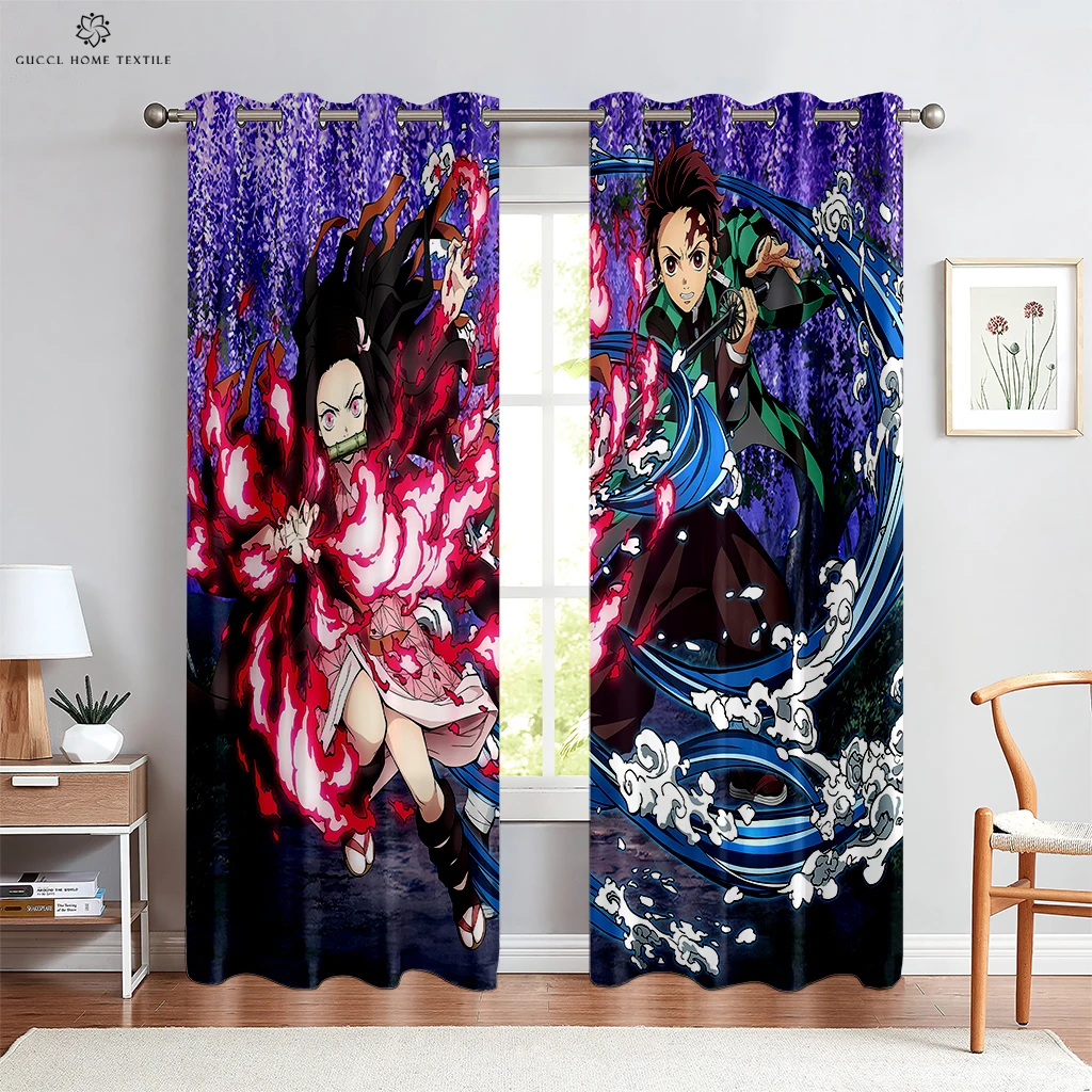 Anime Print Window Curtains, 100% Polyester, Rod Pocket, Boy Room, Living Room, Kitchen, Study Room, Decoration, Hot Blood, 2Pcs