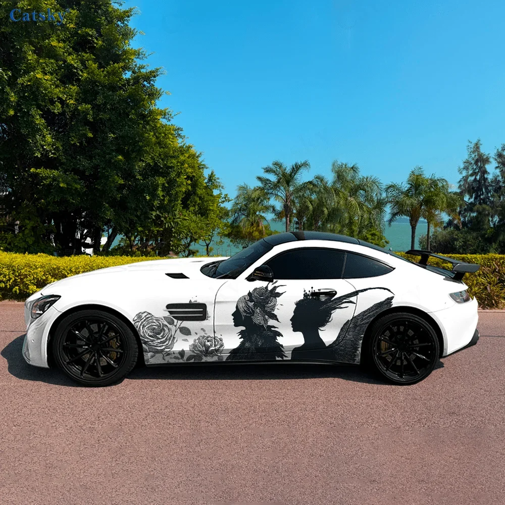Rose Couple Wings Silhouette Car Side Sticker Decor,PVC Waterproof Scratch Resistant Decal,Car Protection,Auto Accessories Gift