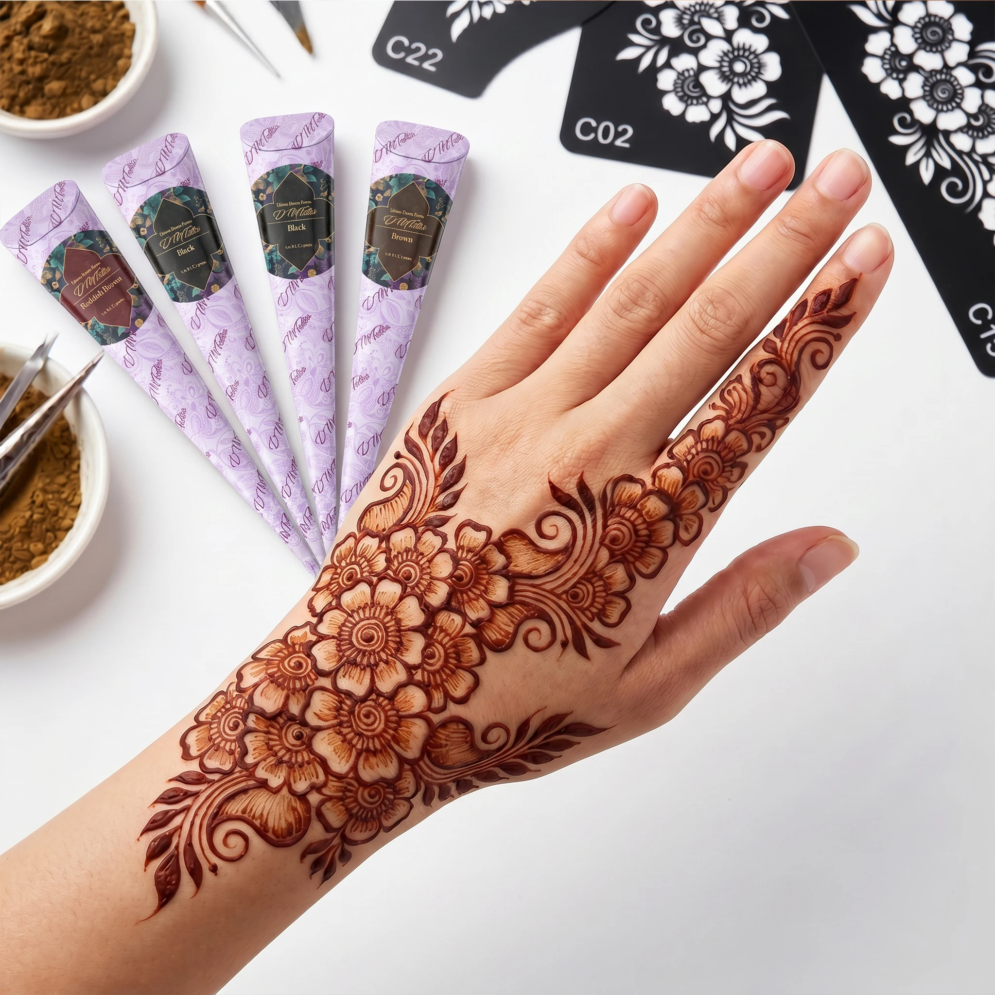 Muster-Tattoo-Schablonen für Frauen Hohle Henna-Blumen-Tattoo-Schablonen für Hand und Finger Wiederverwendbare Tattoo-Vorlagen Tattoo-Werkzeuge – Detail 3