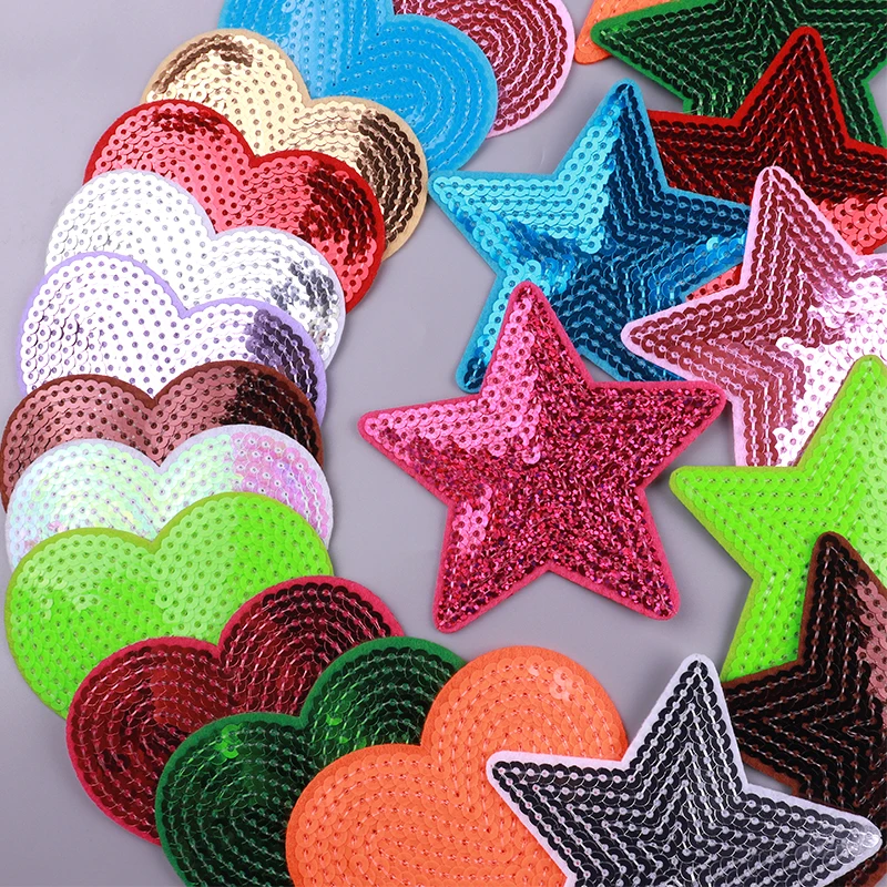 5PCS Sequins Five-Pointed Star/Heart Love Sequins Iron On Embroidered Patches For Clothing Jackets Hats Sewing Stickers Badge