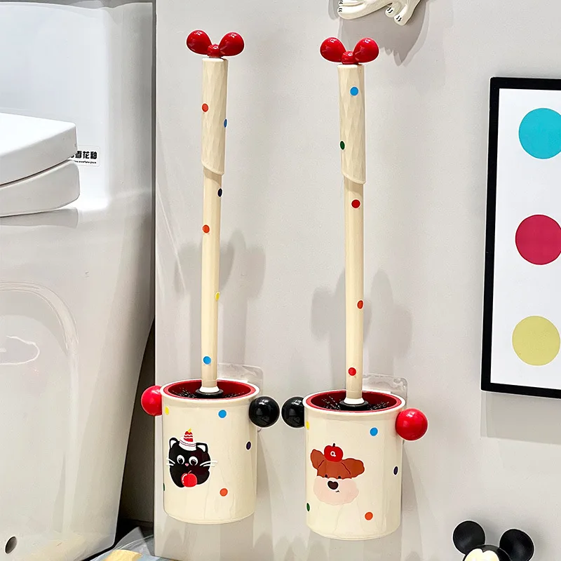 Cute polka dot toilet brush, household long handle with base, blind corner toilet wall mounted brush, bathroom cleaning set