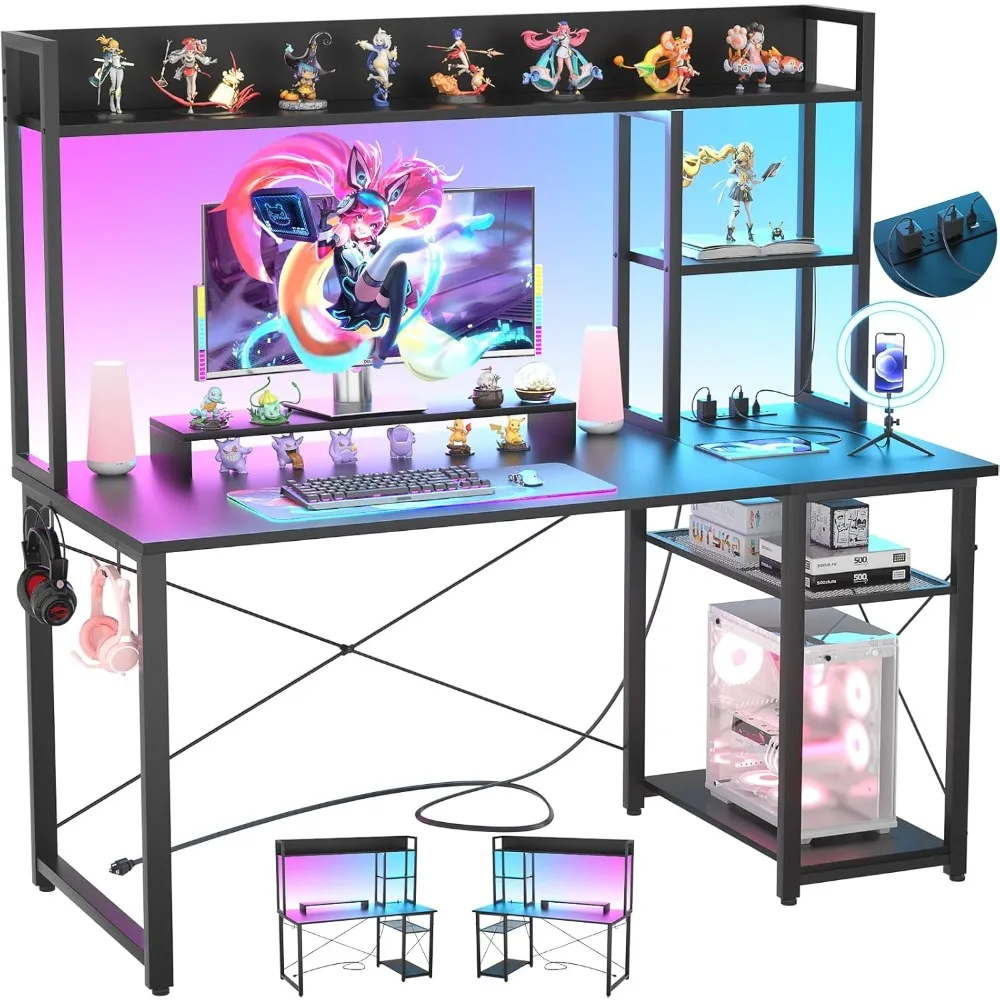 

Gaming Desk with Hutch, 47'' Computer Desk with LED Lights & Power Outlets, Home Office Desk