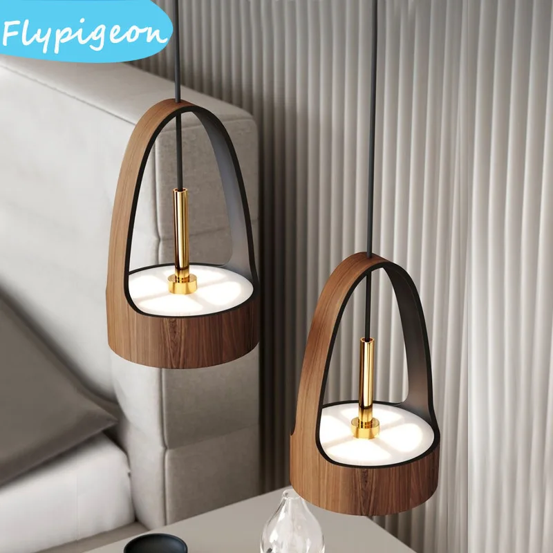 

Modern Wood Grain Chandelier Imitation Design for Restaurant Counter Homestay Bedroom Bedside Lighting Pendant Lights