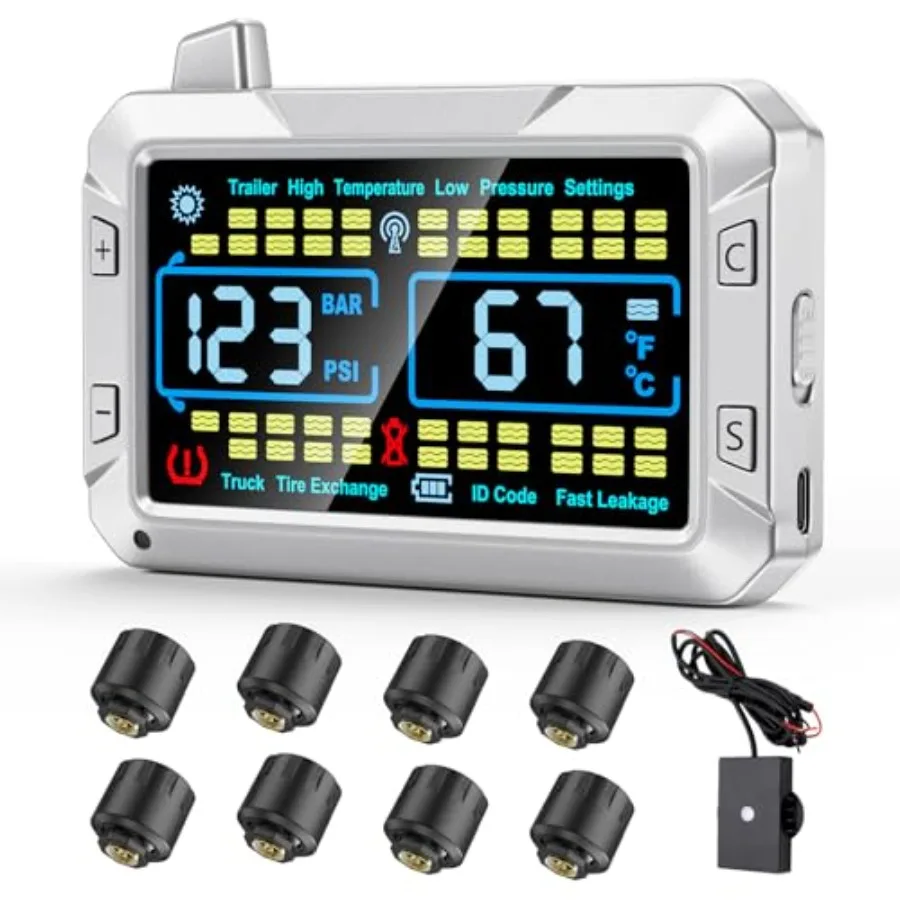 

Truck tire Pressure Monitoring System 0-188 PSI Features a Signal Booster a 4.3-inch Color Screen six Alarm Modes and can Monit