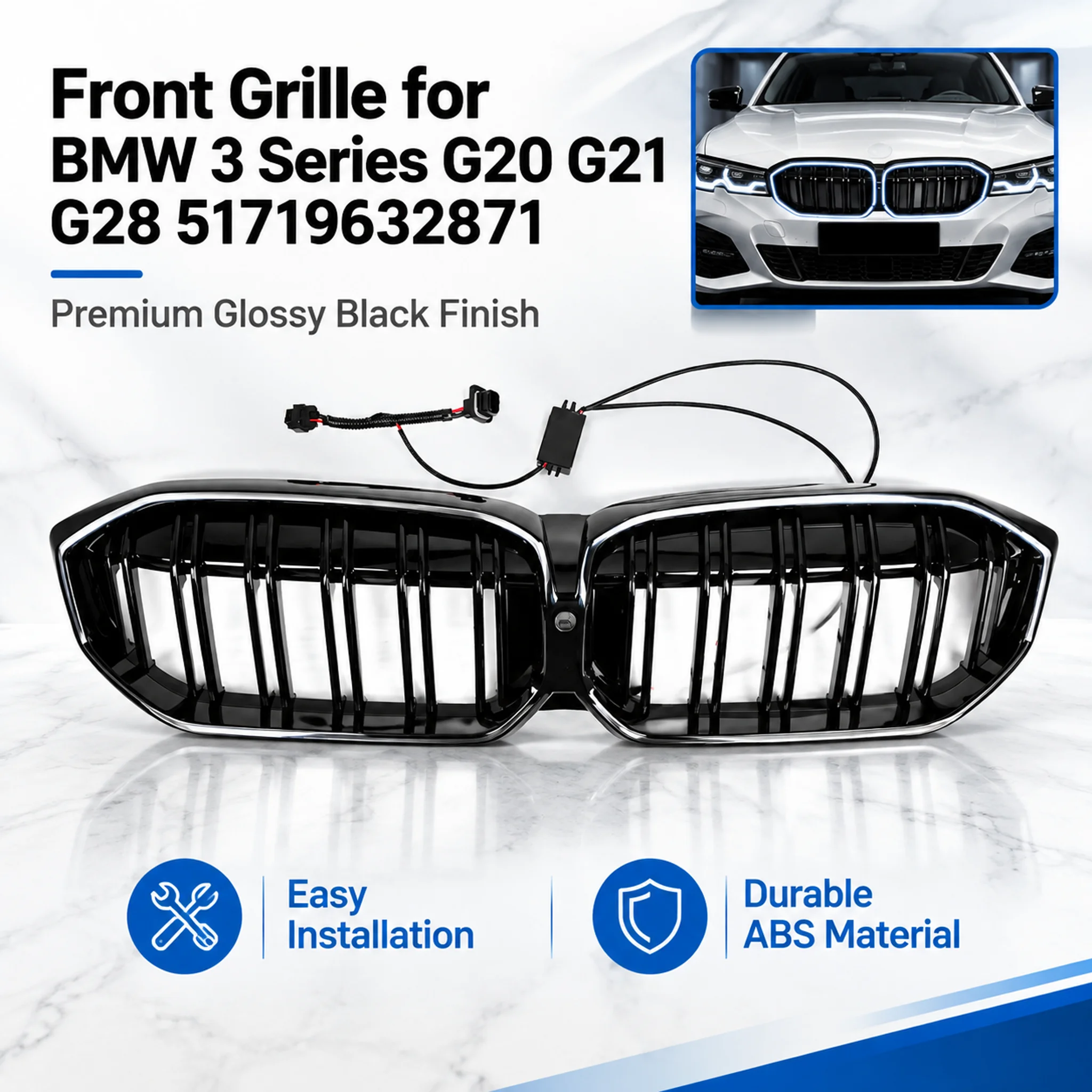LED Front Radiator Grille for BMW 3 Series G20 G21 G28 2023-2024, ABS Kidney Grill Insert Replacement, Modern Illuminated Design, Strong and Lightweight Material, Sporty Exterior Styling, Direct Fit