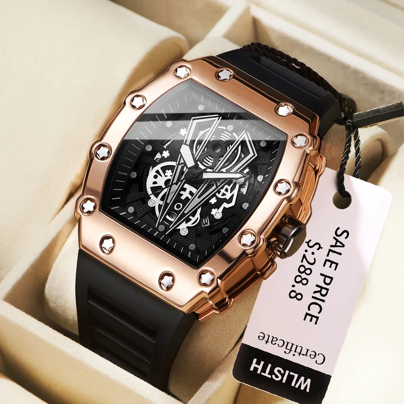 Luxury Watch Men's Fashion Casual Multifunctional Wine Barrel Silicone Tape Waterproof Quartz Watch Luminous Montre Homme